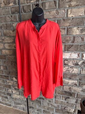 Eileen Fisher Organic Linen Long Shirt Tunic M Red High Low Oversized